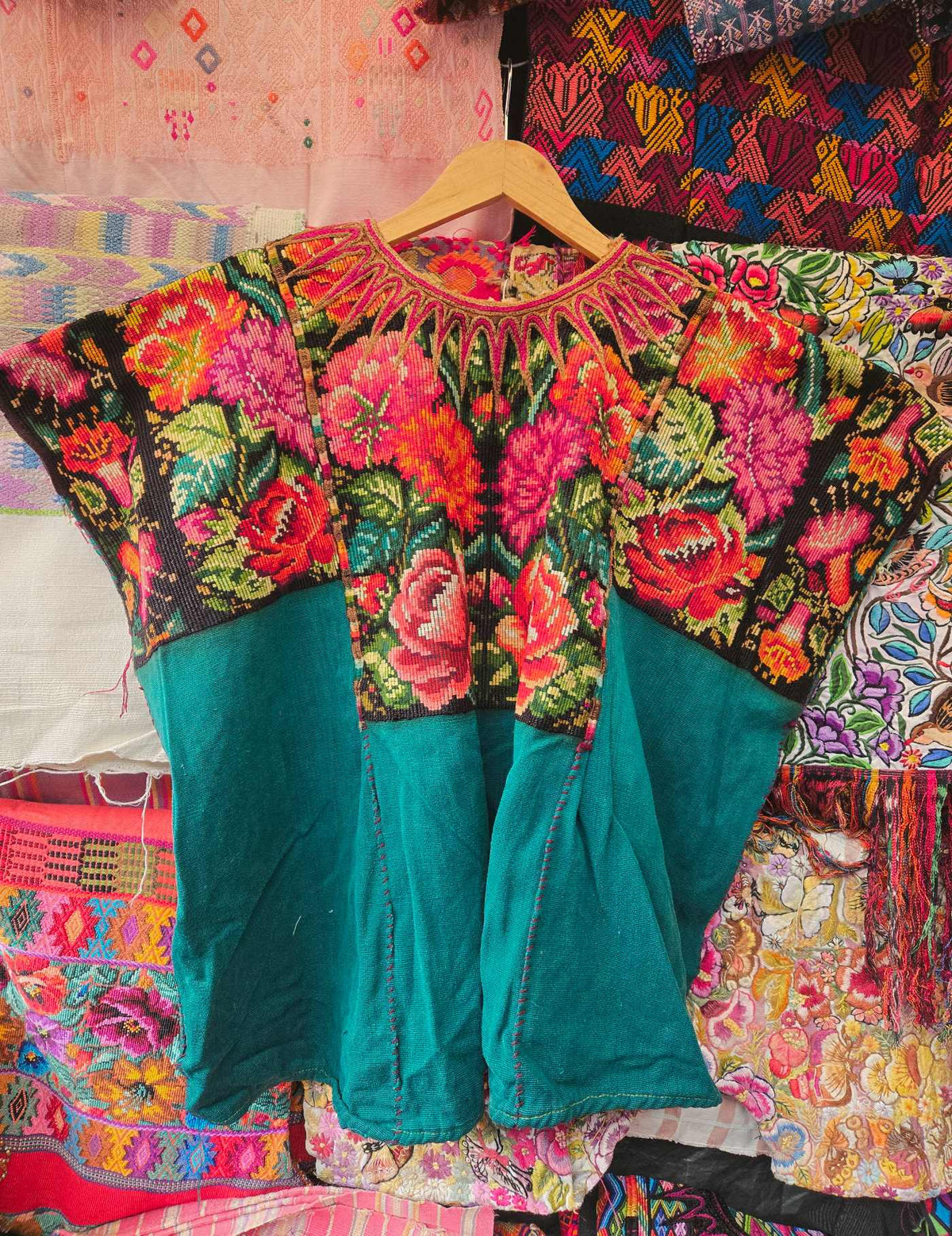 Teal Green Floral Chichicastenango Huipil #10-234