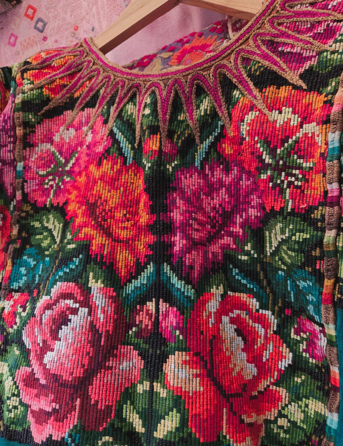 Teal Green Floral Chichicastenango Huipil #10-234
