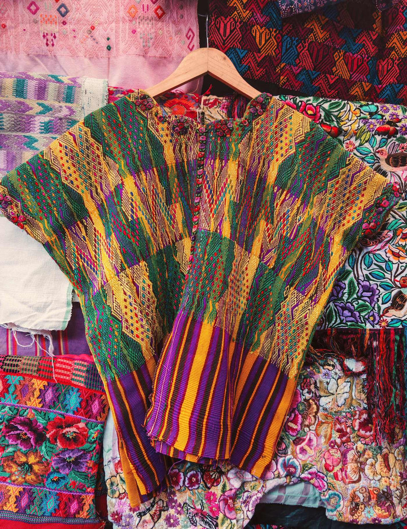 Yellow and Purple with Rococo Neck Sacatepéquez Huipil #10-275