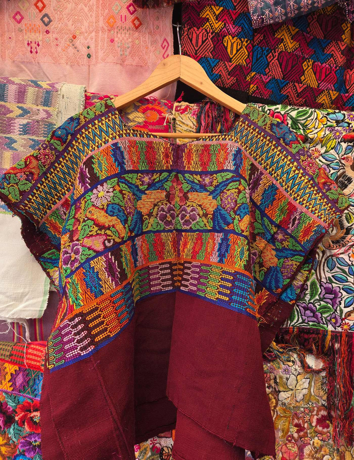 Colourful on Burgundy Comalapa Huipil #10-281