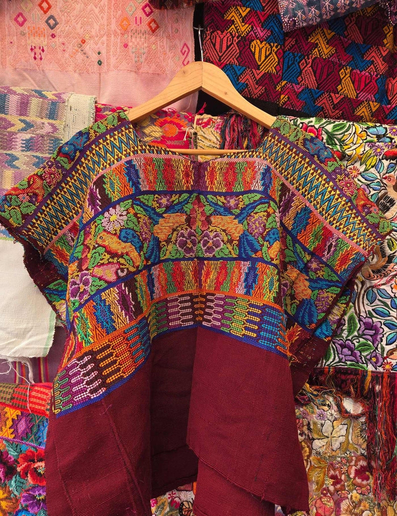 Colourful on Burgundy Comalapa Huipil #10-281