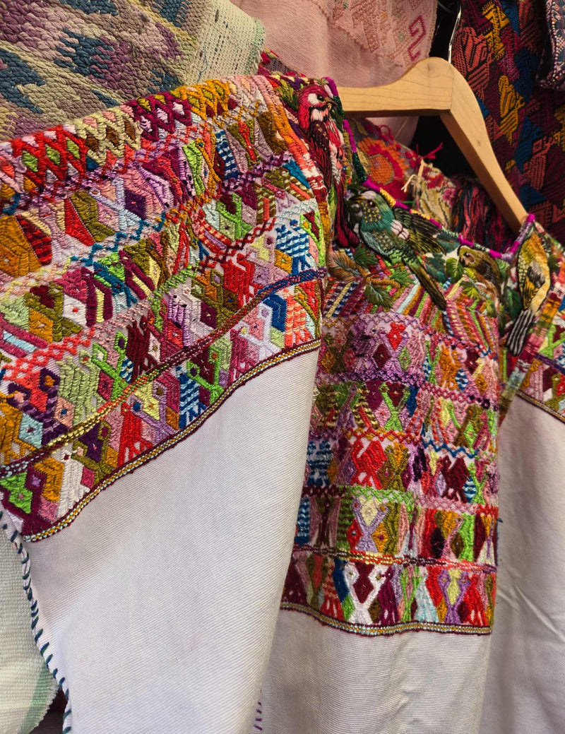 White color, made with pure silk thread with bird embroidery on the collar Chichicastenango Huipil #10-283
