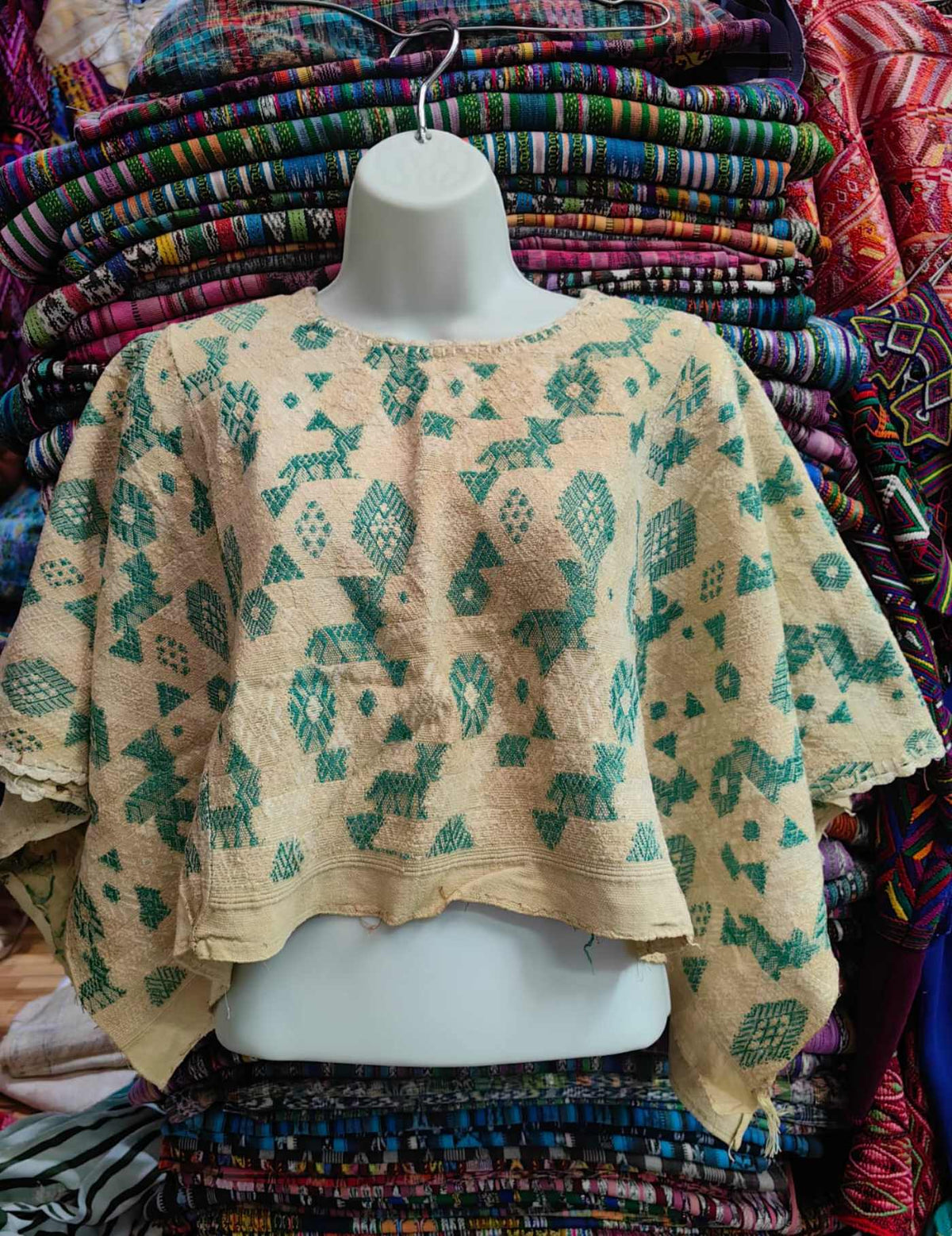Green and beige embroidery Cobán Huipil #10-290