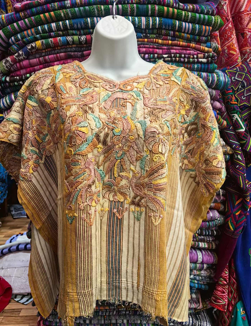 Mustard with silk embroidery Chichicastenango Huipil #10-293