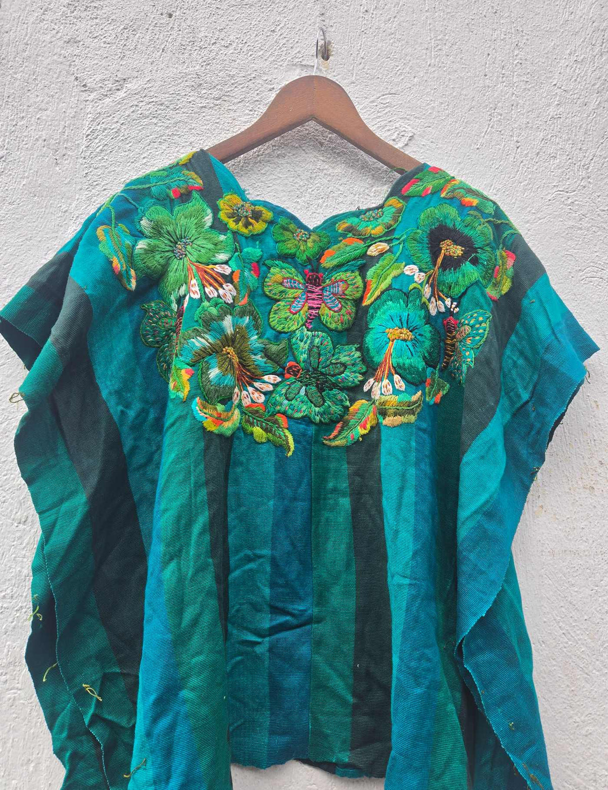 Green and Blue with butterfly embroidery Santiago Huipil #10-316