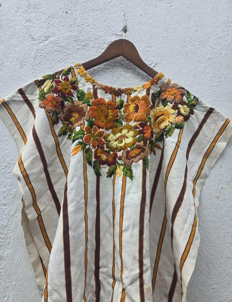 Cream and Brown Floral Santiago Huipil #10-317