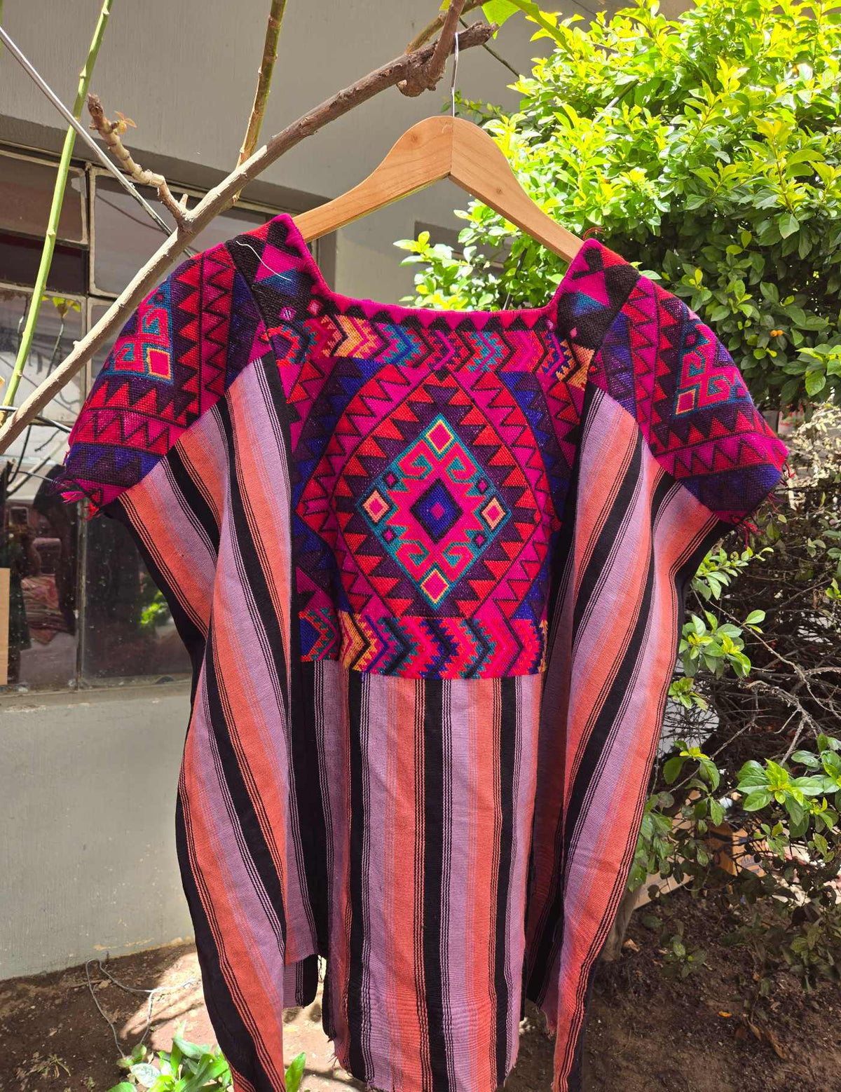 Black Lilac and Coral Striped Chichicastenango Huipil #10-353