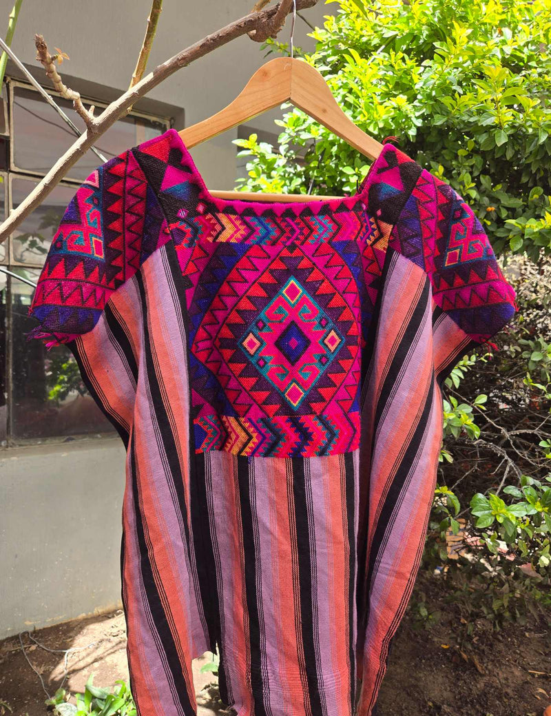 Black Lilac and Coral Striped Chichicastenango Huipil #10-353