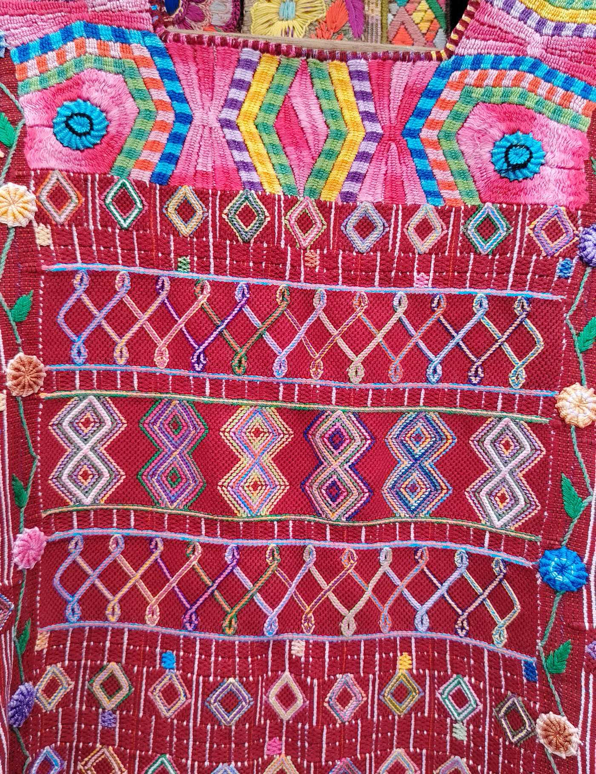 Burgundy with Pink Neckline Colotenango Huipil #10-374