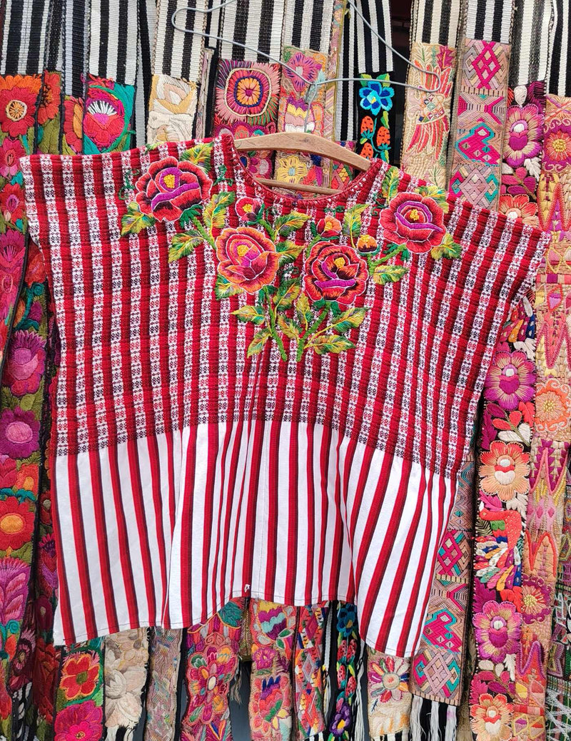 Red Gingham with Roses Santiago Huipil #10-397