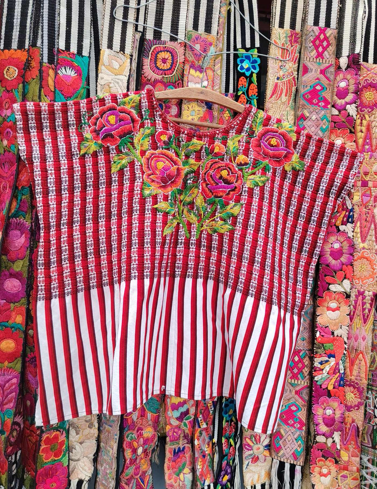 Red Gingham with Roses Santiago Huipil #10-397