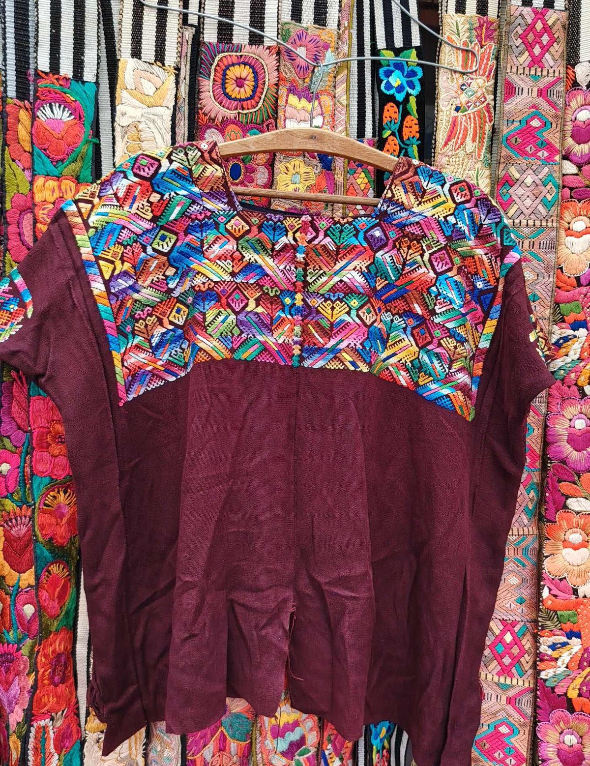 Burgundy with peacocks Nahualá Huipil #10-407