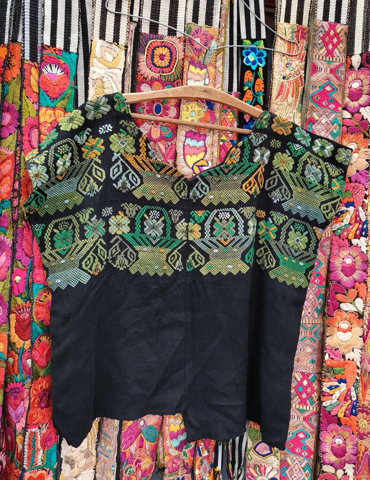 Black with green baskets Nahualá Huipil #10-409