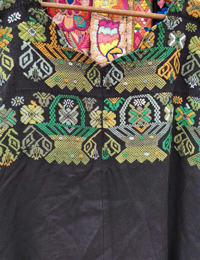 Black with green baskets Nahualá Huipil #10-409