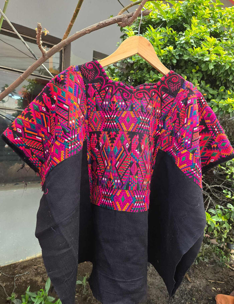 Pink and Purple on Black Chichicastenango Huipil #10-417