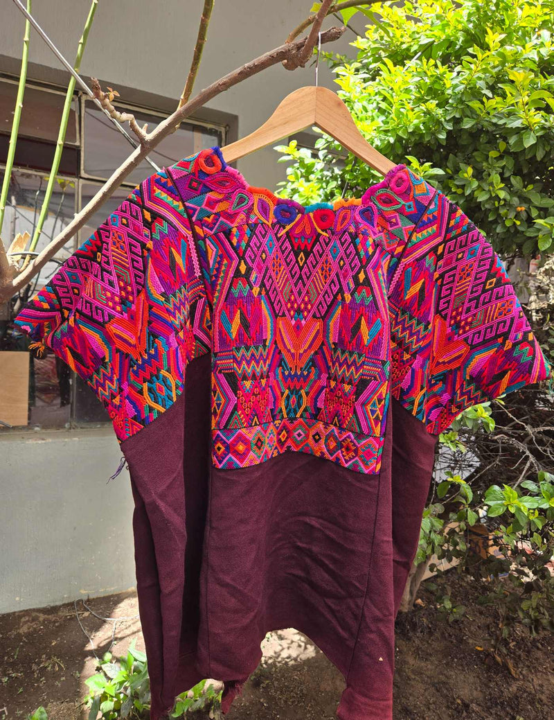 Pink and Orange on Brown Chichicastenango Huipil #10-424