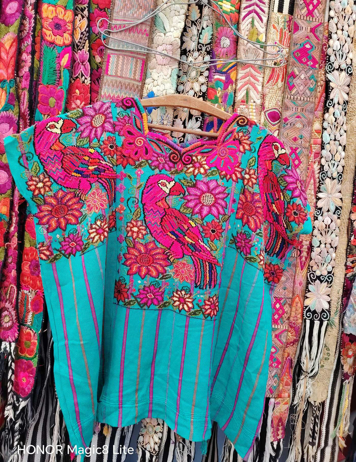 Green with Pink Parrots Chichicastenango Huipil #10-441