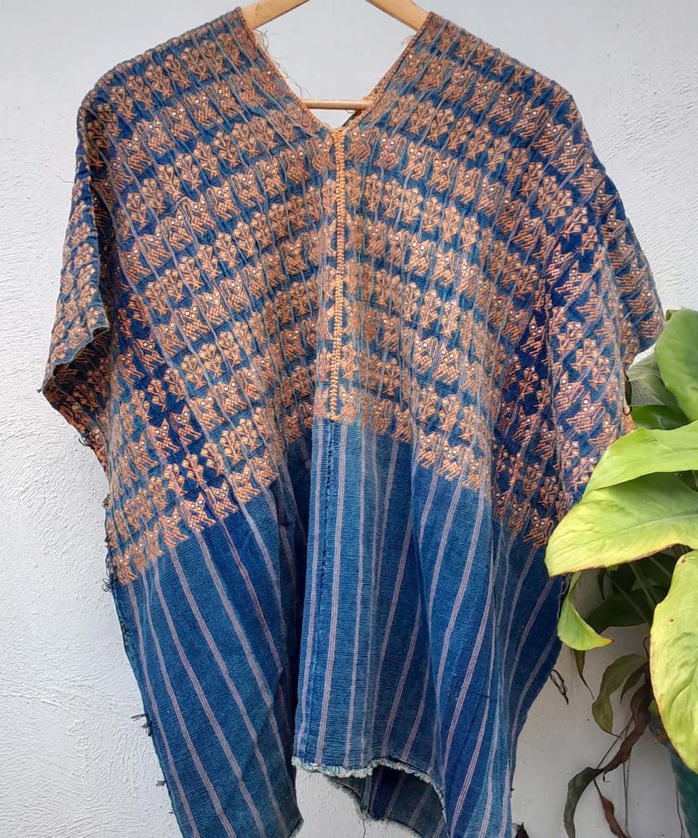 Indigo Nahuala huipil with bronze cats and corn