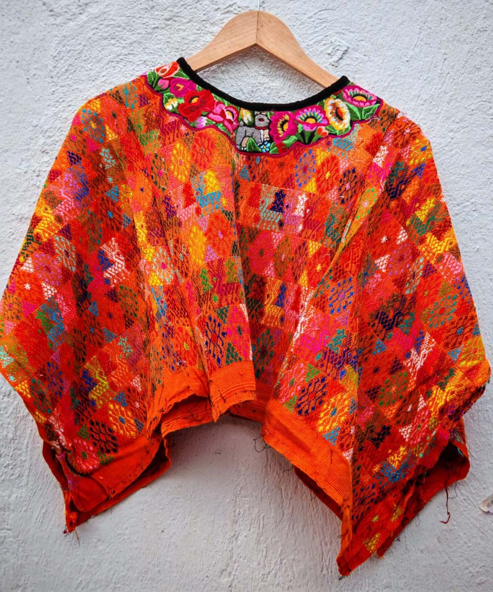 Orange Coban huipil with floral neckline