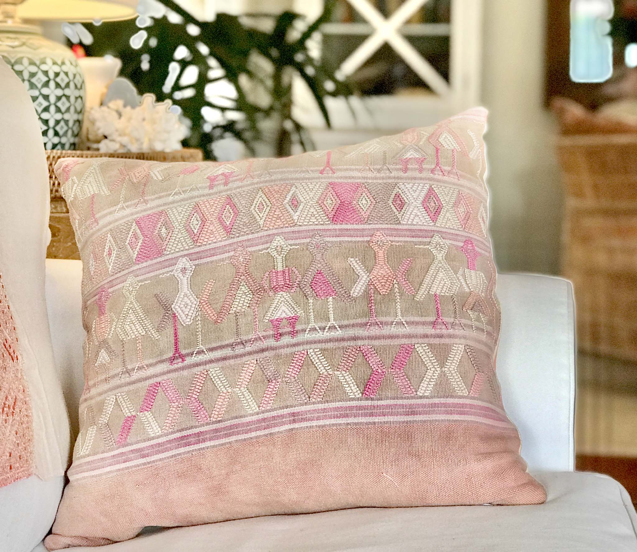 Vintage textile cushions made from a Guatemalan huipil and corte.