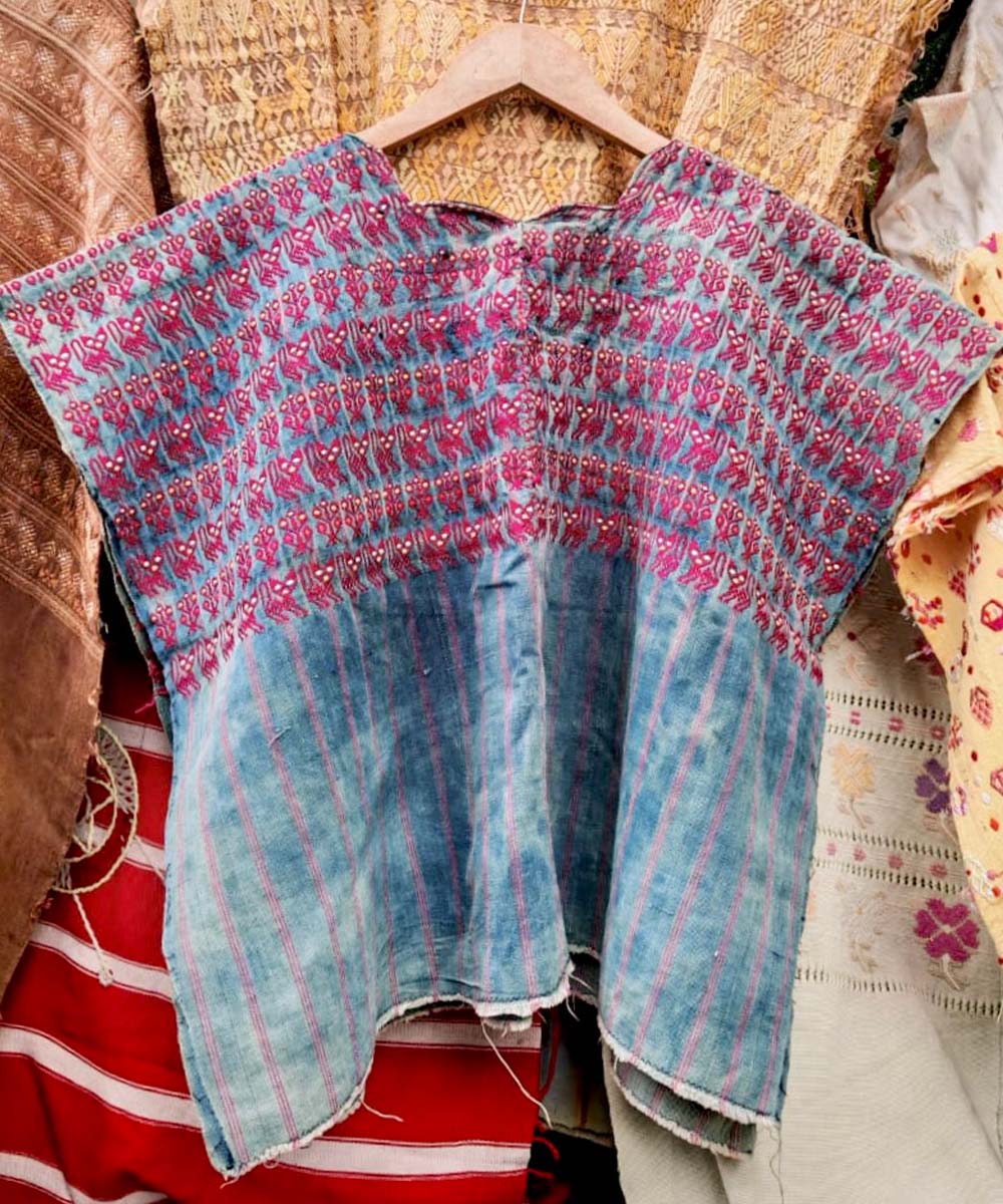 Faded indigo Nahuala huipil with pink cats