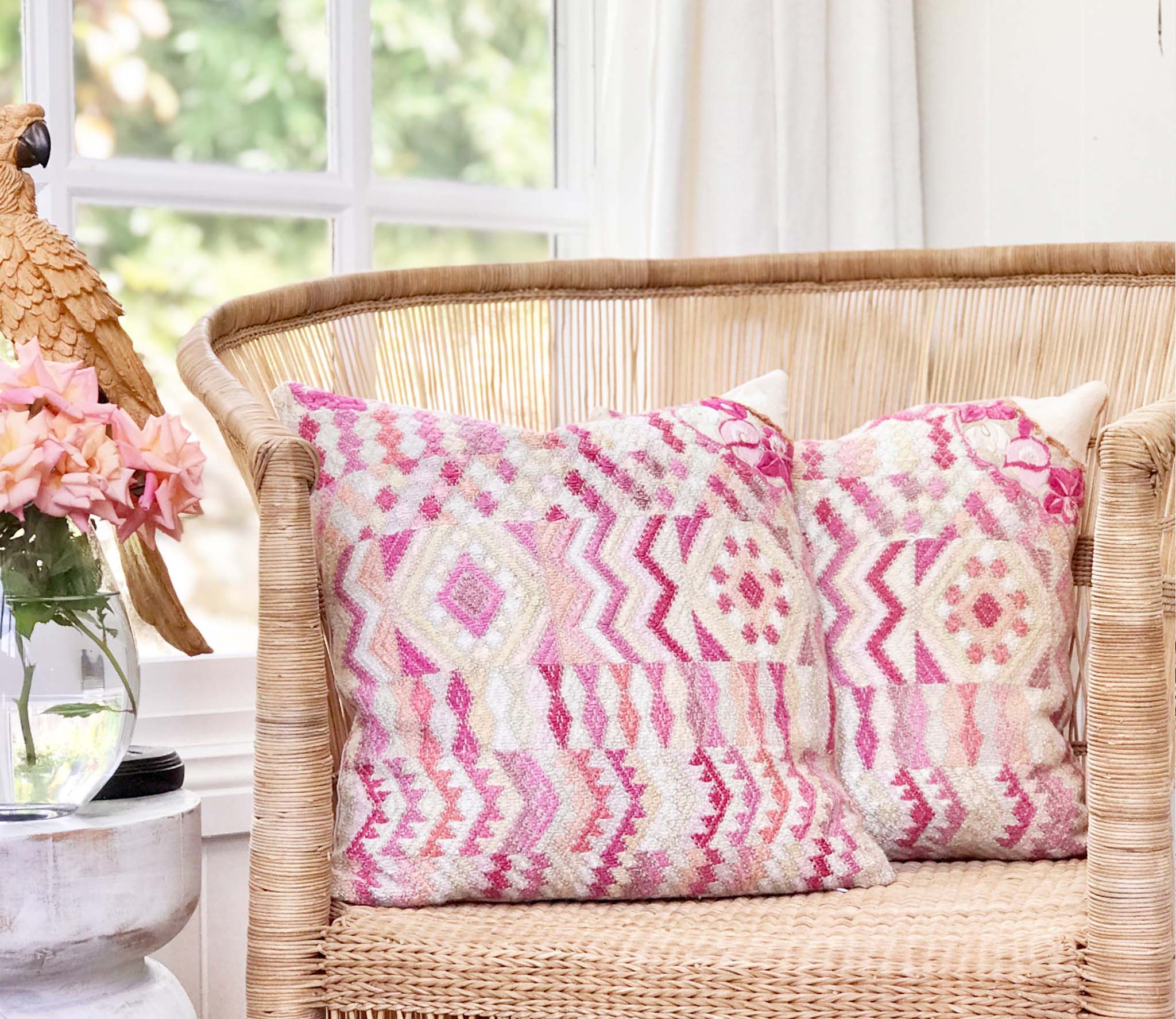 Embroidered Guatemalan huipil textile repurposed into a pillow