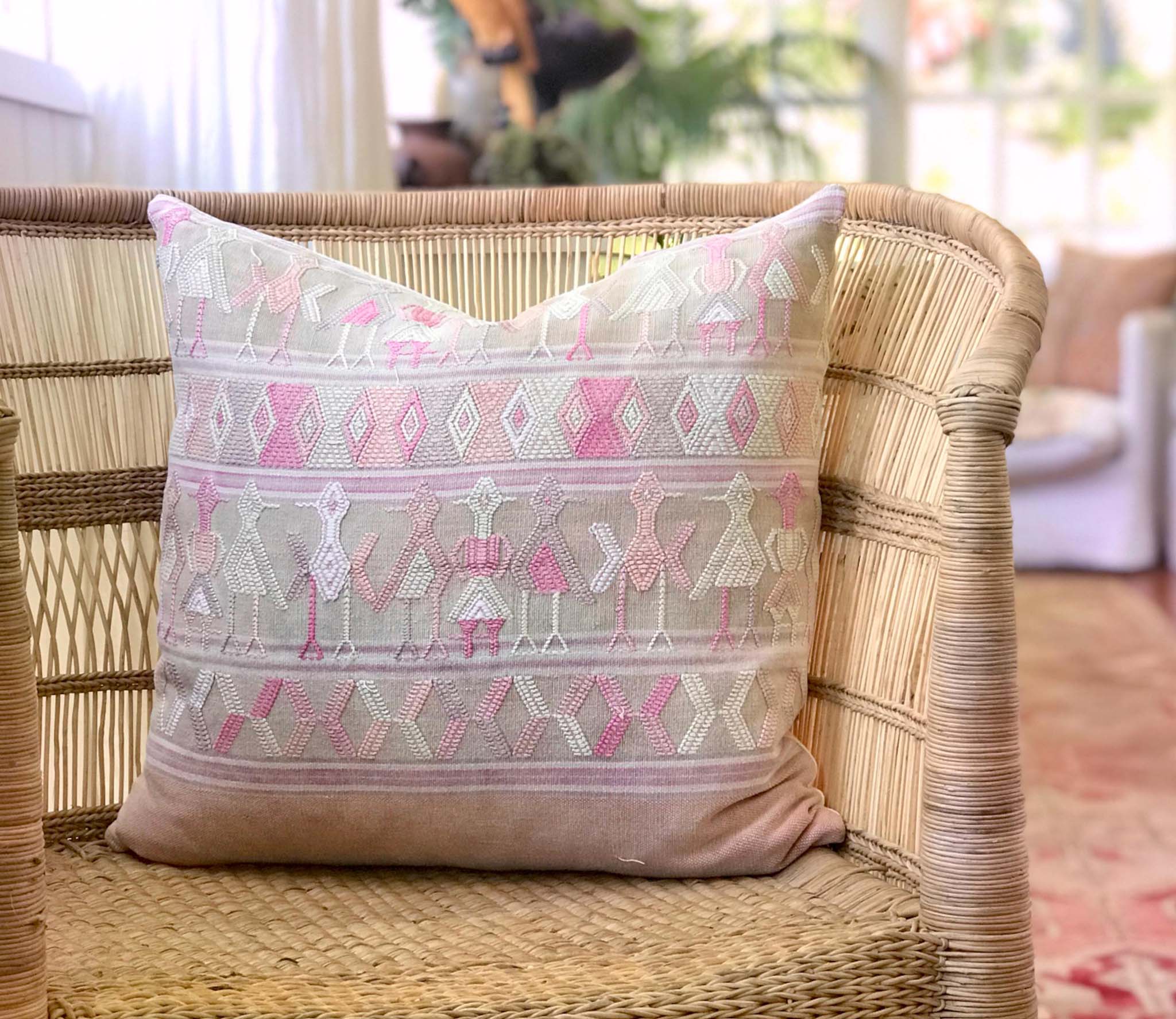 Vintage textile cushions made from a Guatemalan huipil and corte.