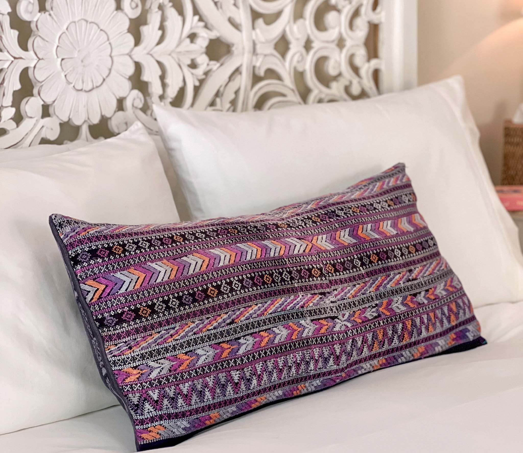 Embroidered Guatemalan huipil textile repurposed into a pillow