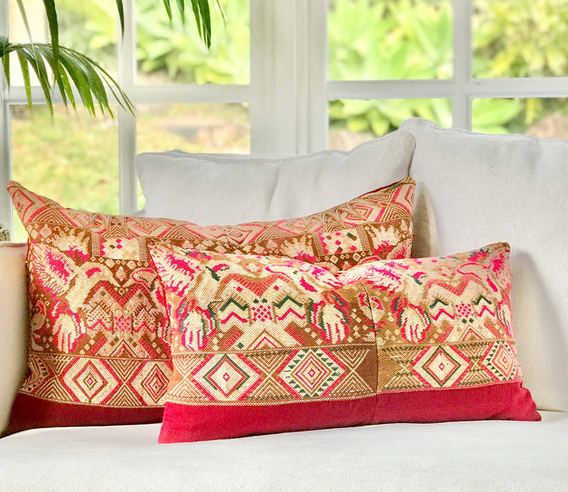 Vintage textile pillows made from a Guatemalan huipil and corte