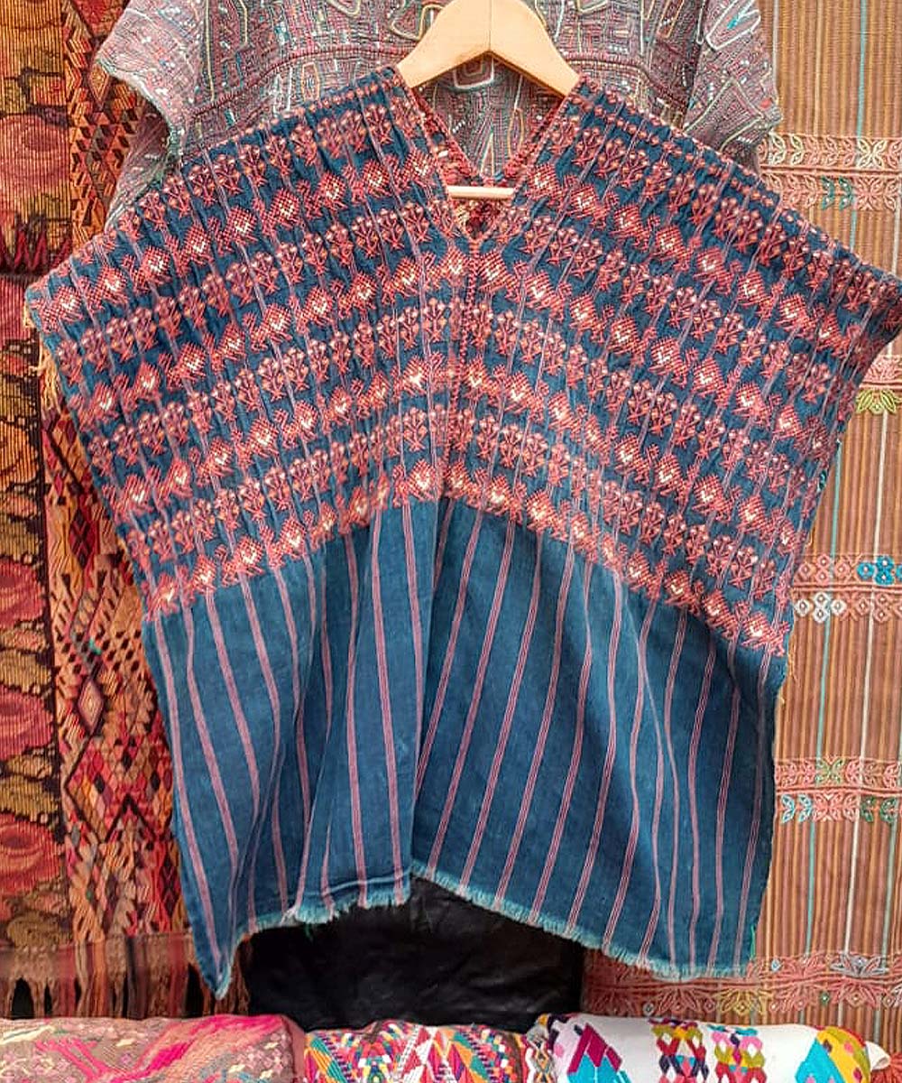 Indigo Nahuala huipil with red lions and corn