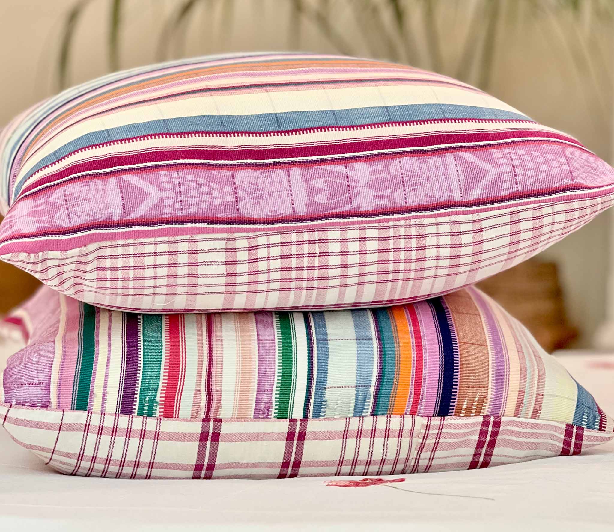 Embroidered Guatemalan huipil textile repurposed into a pillow