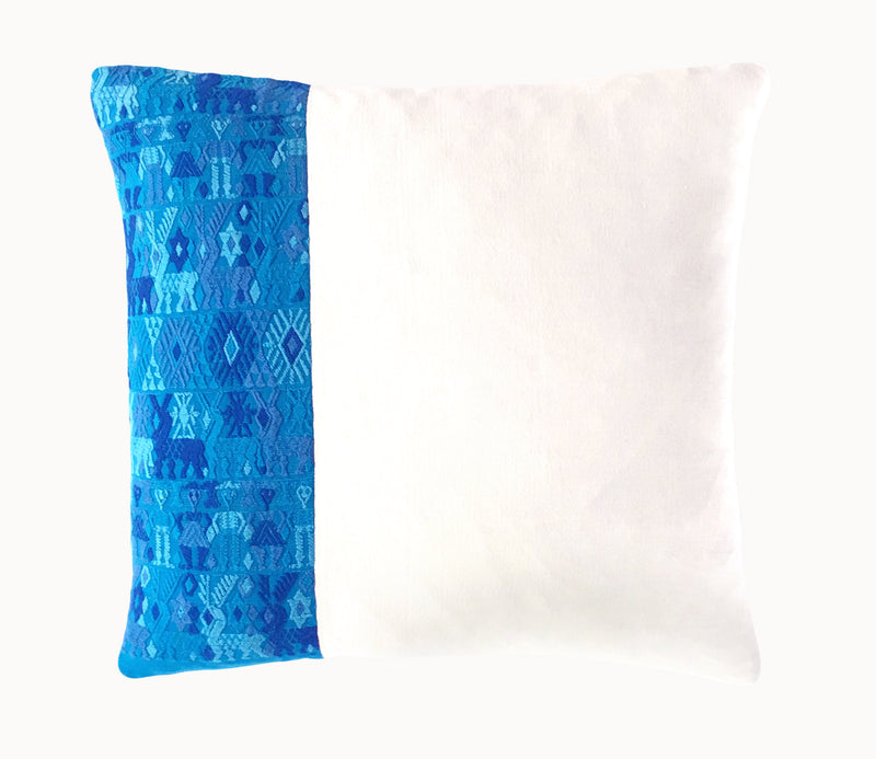 Guatemalan Huipil Pillow, vintage, hand woven blue and white throw cushion from Coban