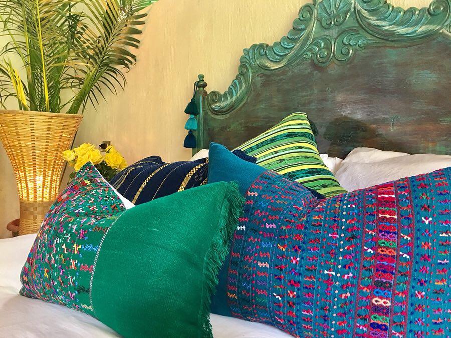 Guatemalan Huipil Pillow, vintage, hand woven teal lumbar cushion from San Lucas