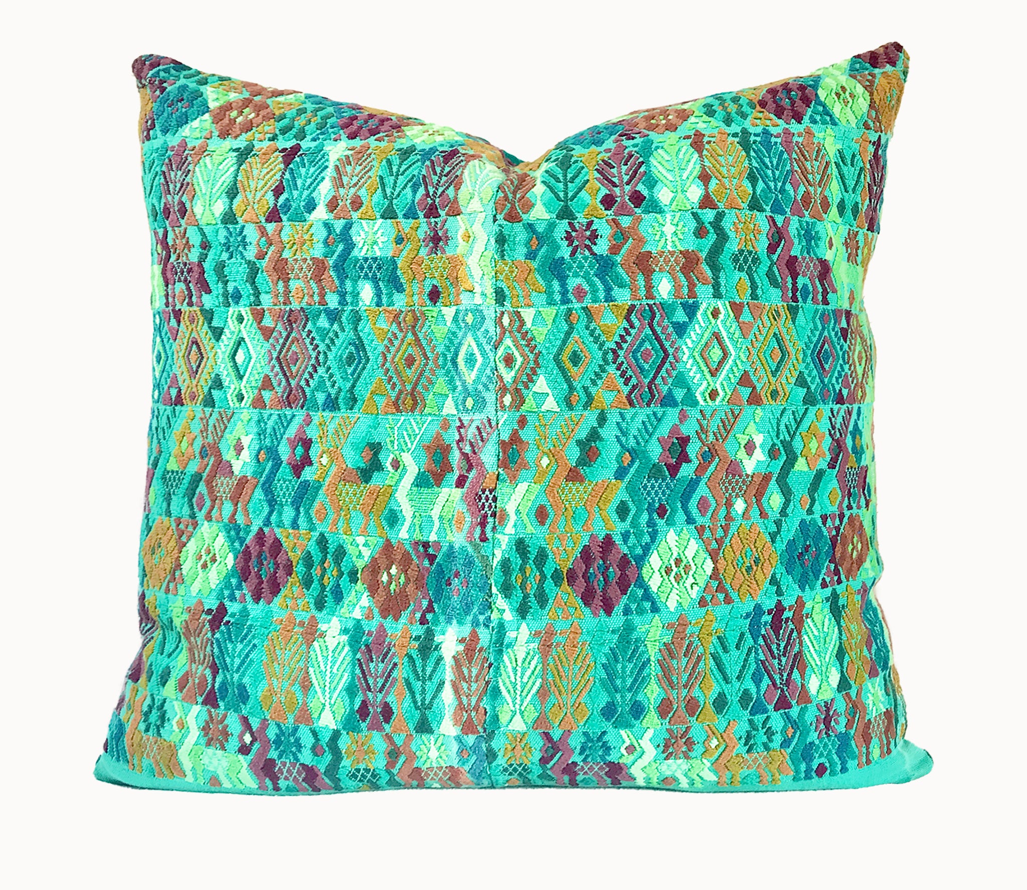 Vintage textile cushions made from a Guatemalan huipil and corte.