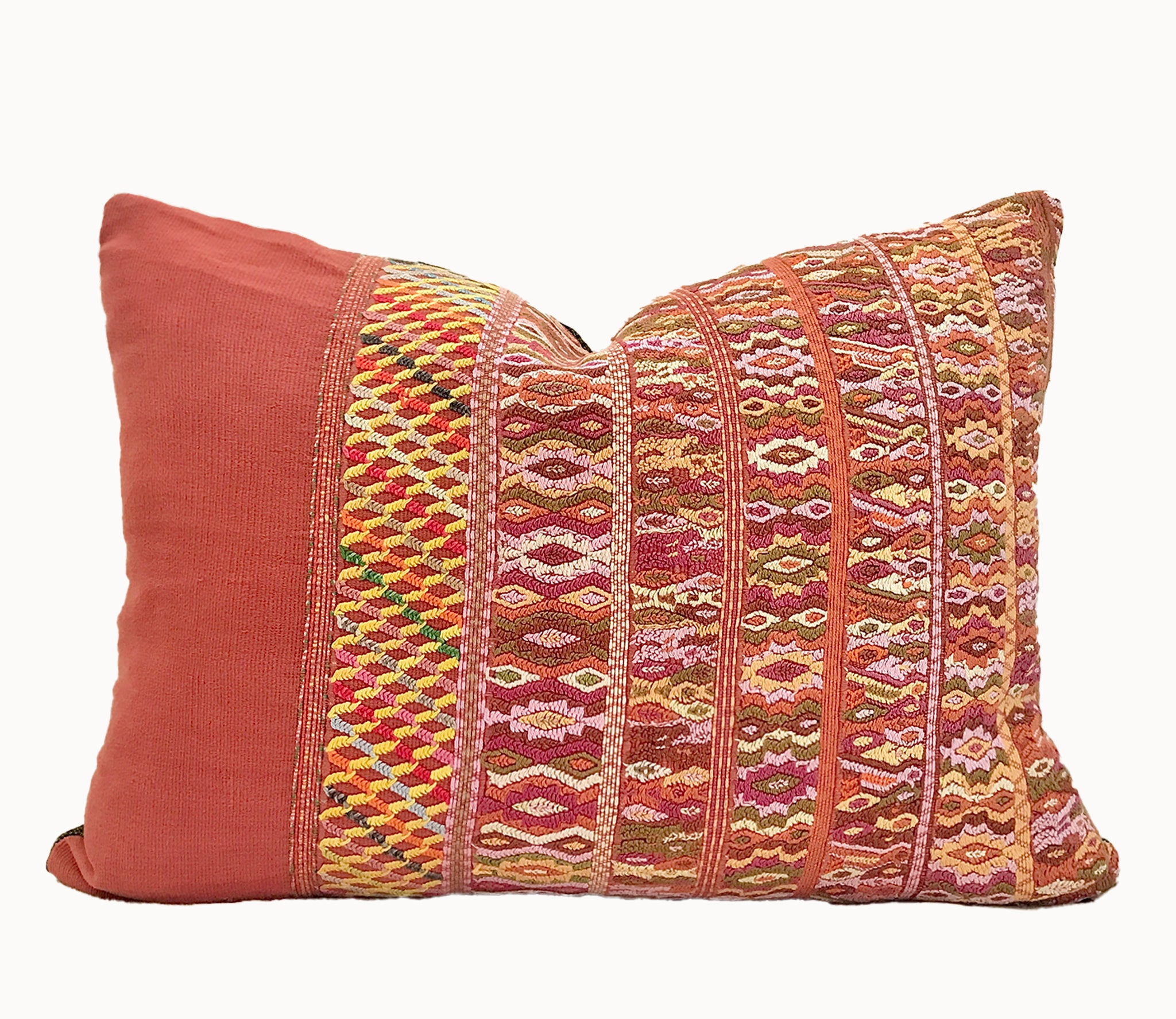 Vintage textile pillows made from a Guatemalan huipil and corte.
