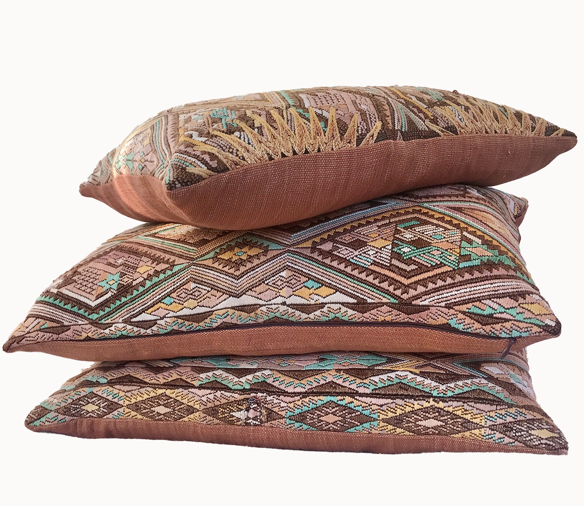 Guatemalan embroidered huipil pillow. Geometric chevron design in bold fuchsia