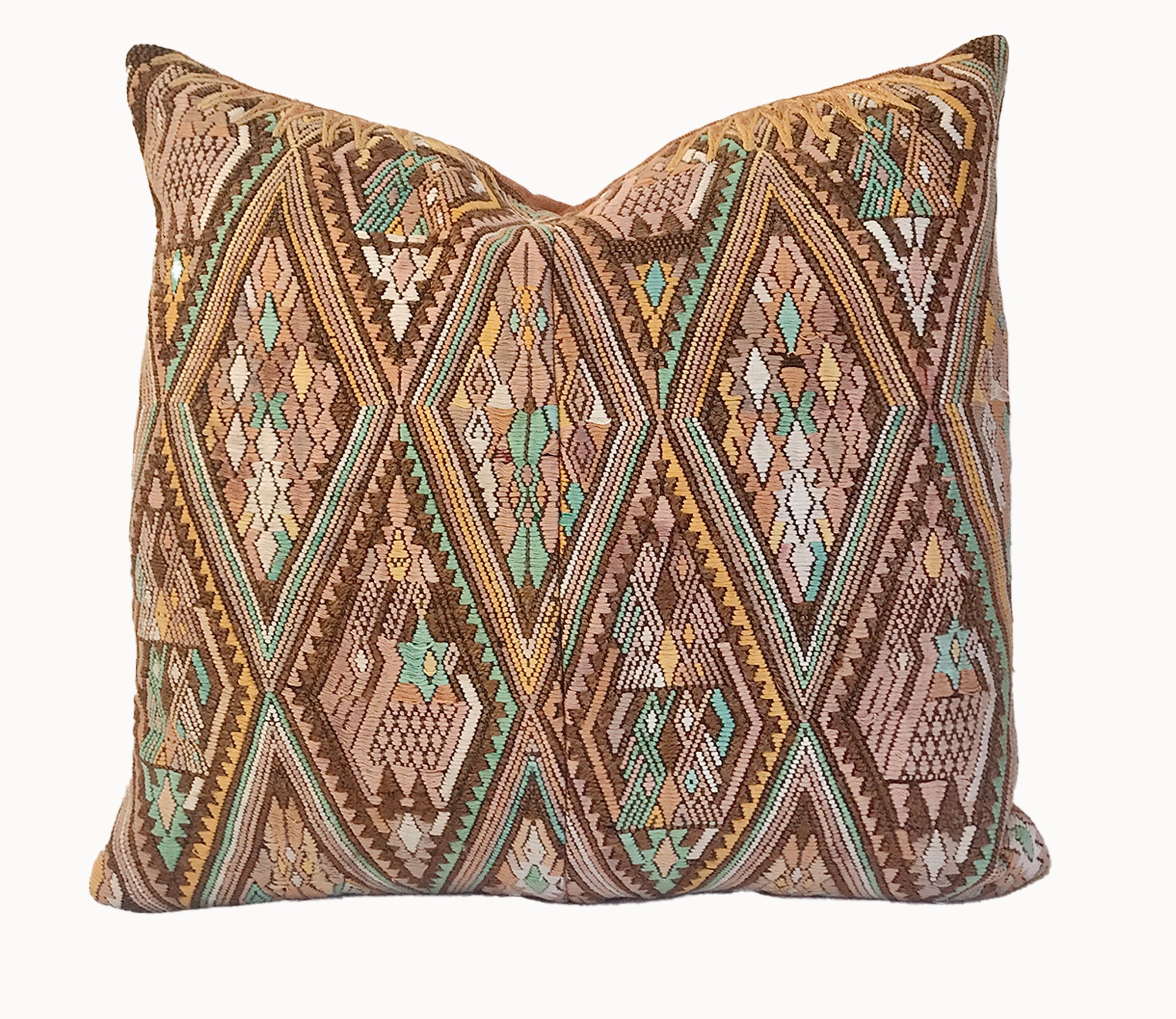Guatemalan embroidered huipil pillow. Geometric chevron design in bold fuchsia
