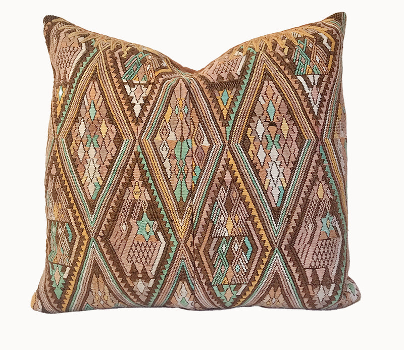 Guatemalan embroidered huipil pillow. Geometric chevron design in bold fuchsia