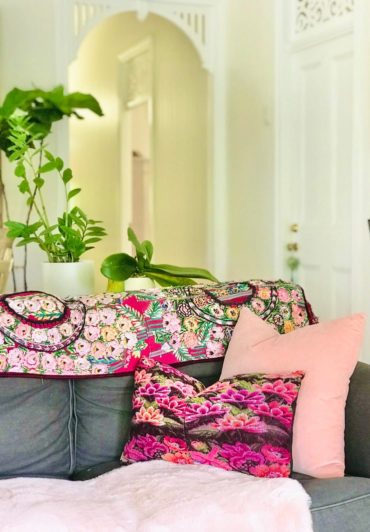 Guatemalan Textile, floral table runner with tassels made from 4 huipiles from Patzun
