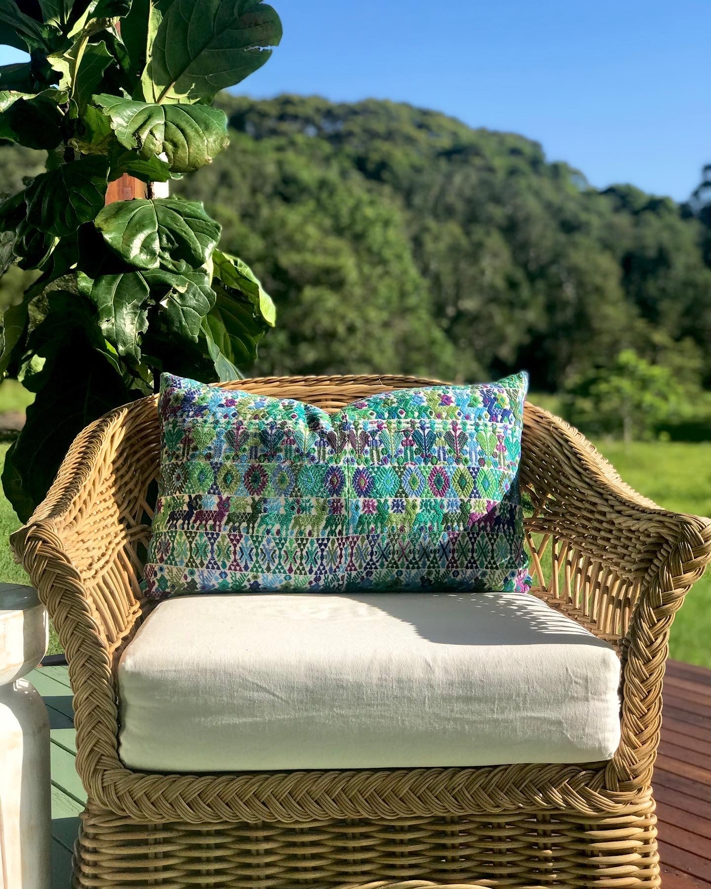 Guatemalan Huipil Textile Pillow, vintage, hand embroidered blue bohemian cushion from Coban