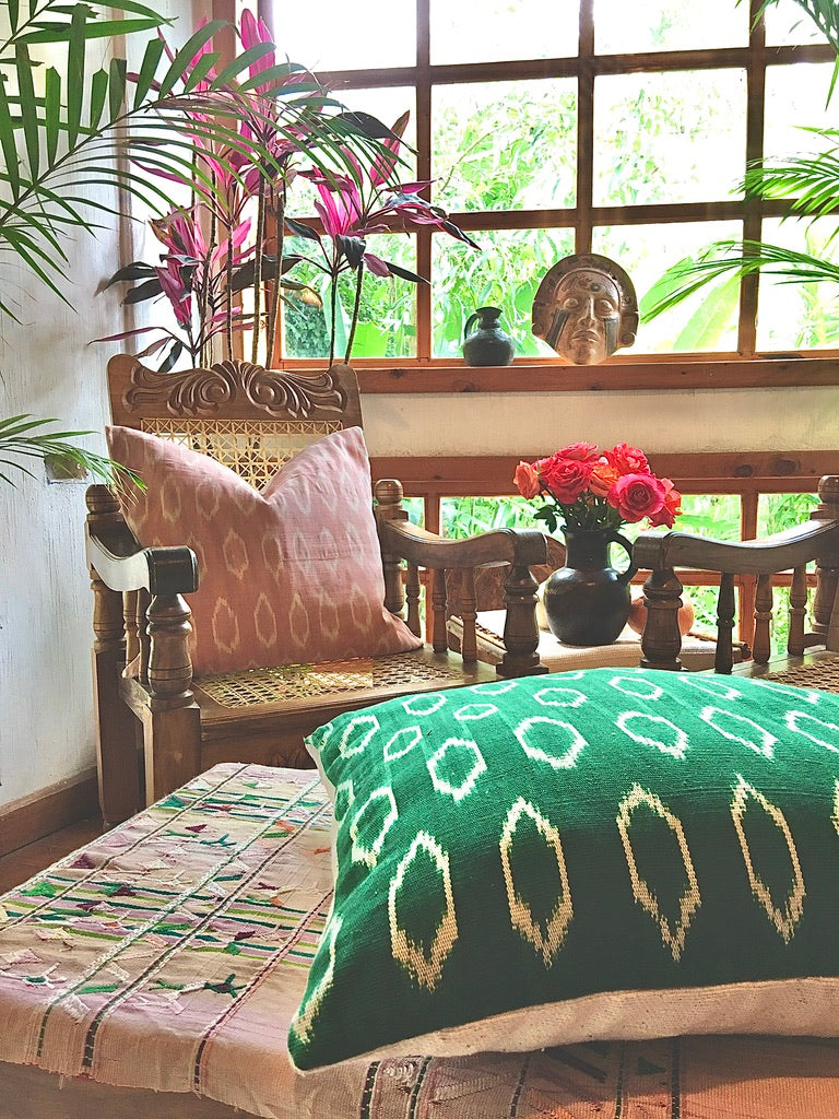 Guatemalan Textile Pillow, naturally dyed forest green hand woven ikat throw cushion