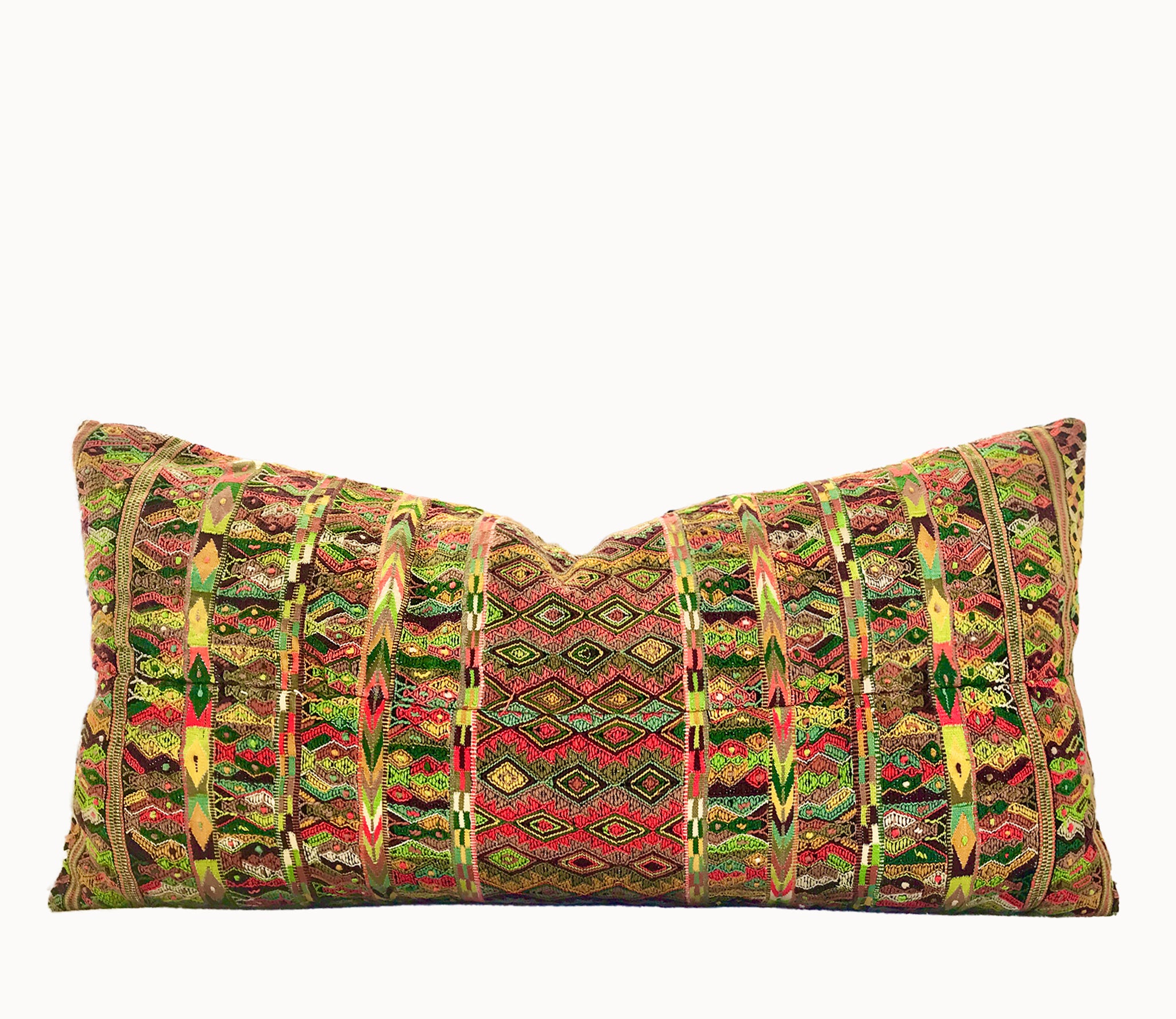 Vintage textile pillows made from a Guatemalan huipil and corte.