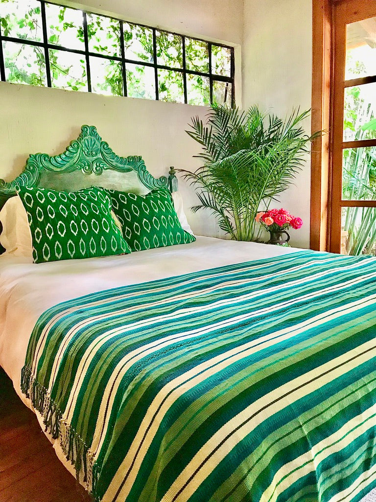 Guatemalan Textile Pillow, naturally dyed forest green hand woven ikat throw cushion