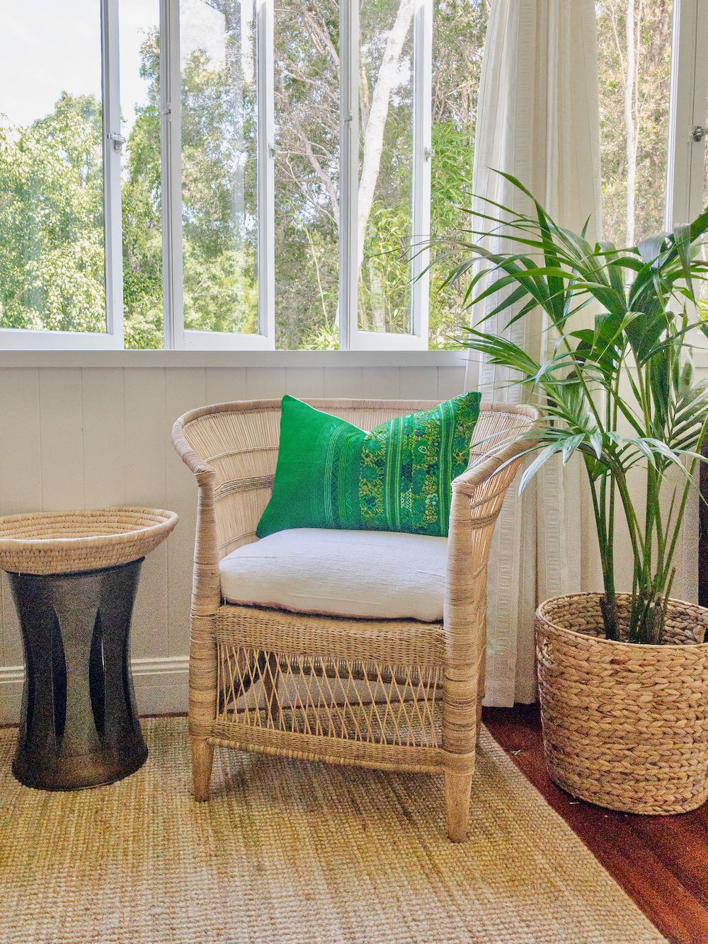 Guatemalan Huipil Pillow, Vintage, hand woven green floral lumbar cushion from Comolapa