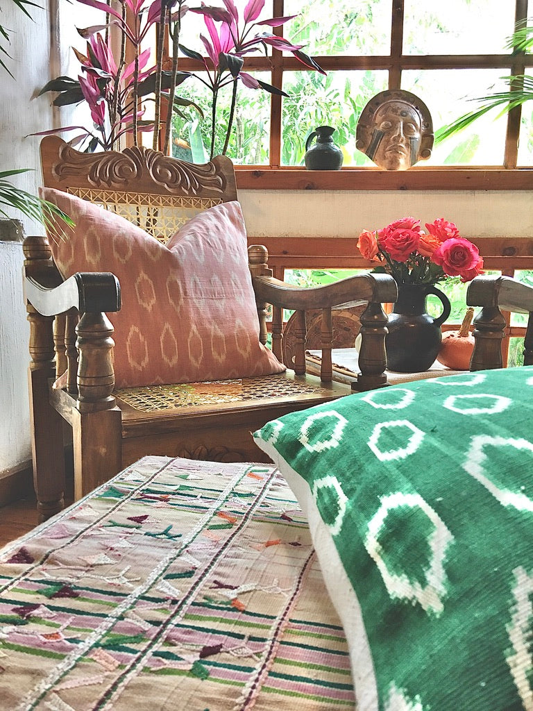 Guatemalan Textile Pillow, naturally dyed forest green hand woven ikat throw cushion