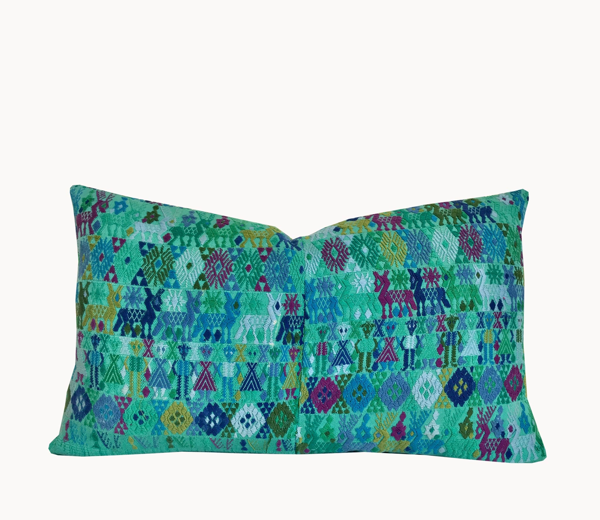 Guatemalan Huipil Textile Pillow, vintage, hand embroidered turquoise bohemian cushion from Coban