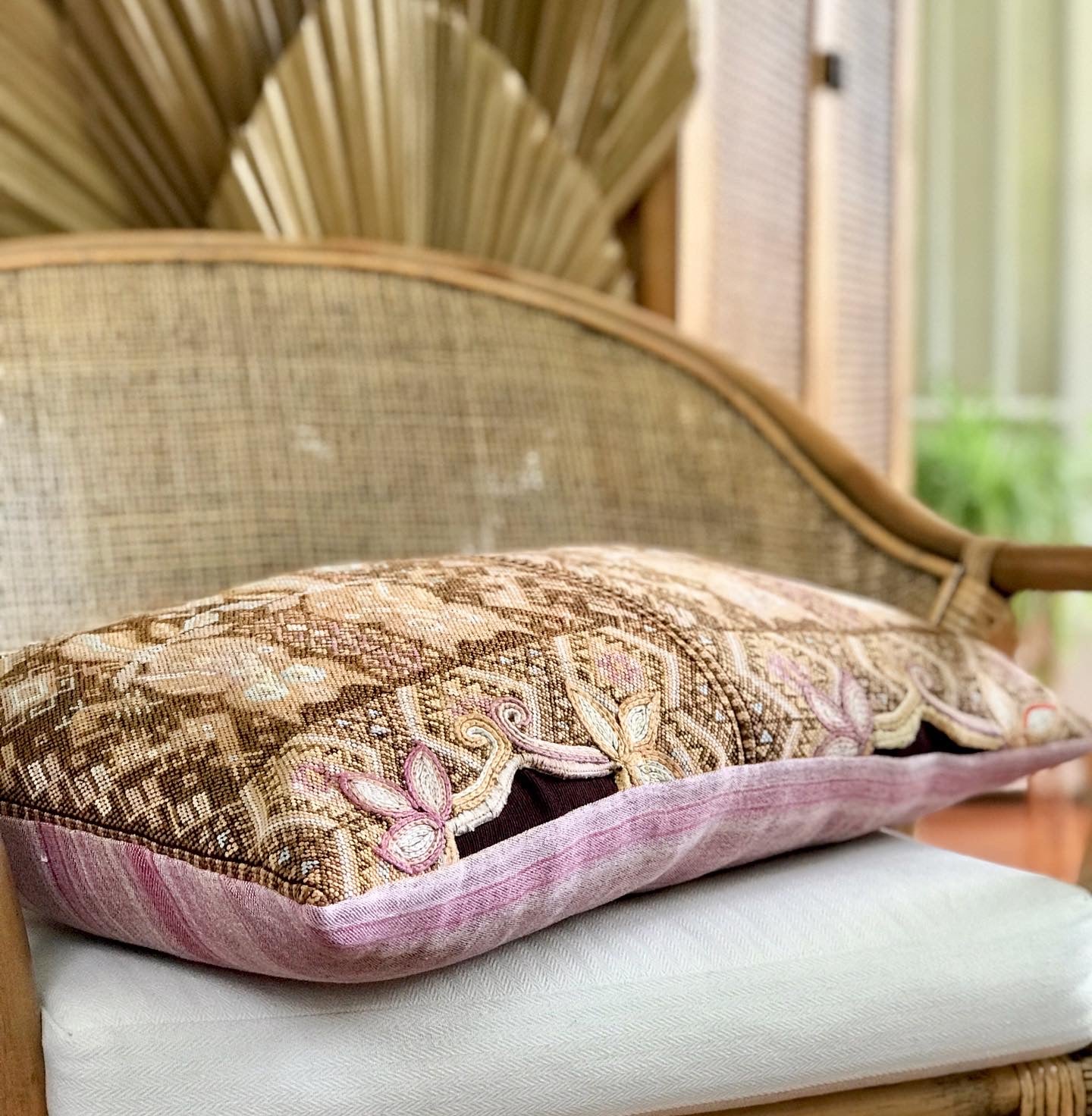 Vintage textile cushions made from a Guatemalan huipil and corte.