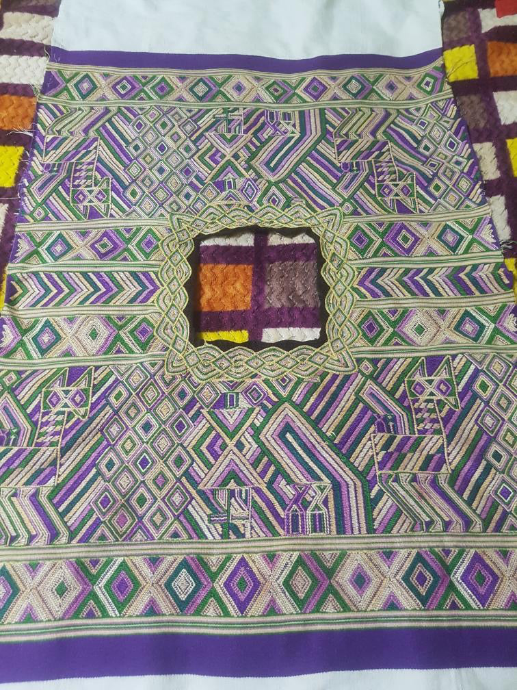 A Pair of Guatemalan Huipil Textile Pillows, vintage, hand embroidered purple and gold Art Deco, Hollywood regency lumbar cushions