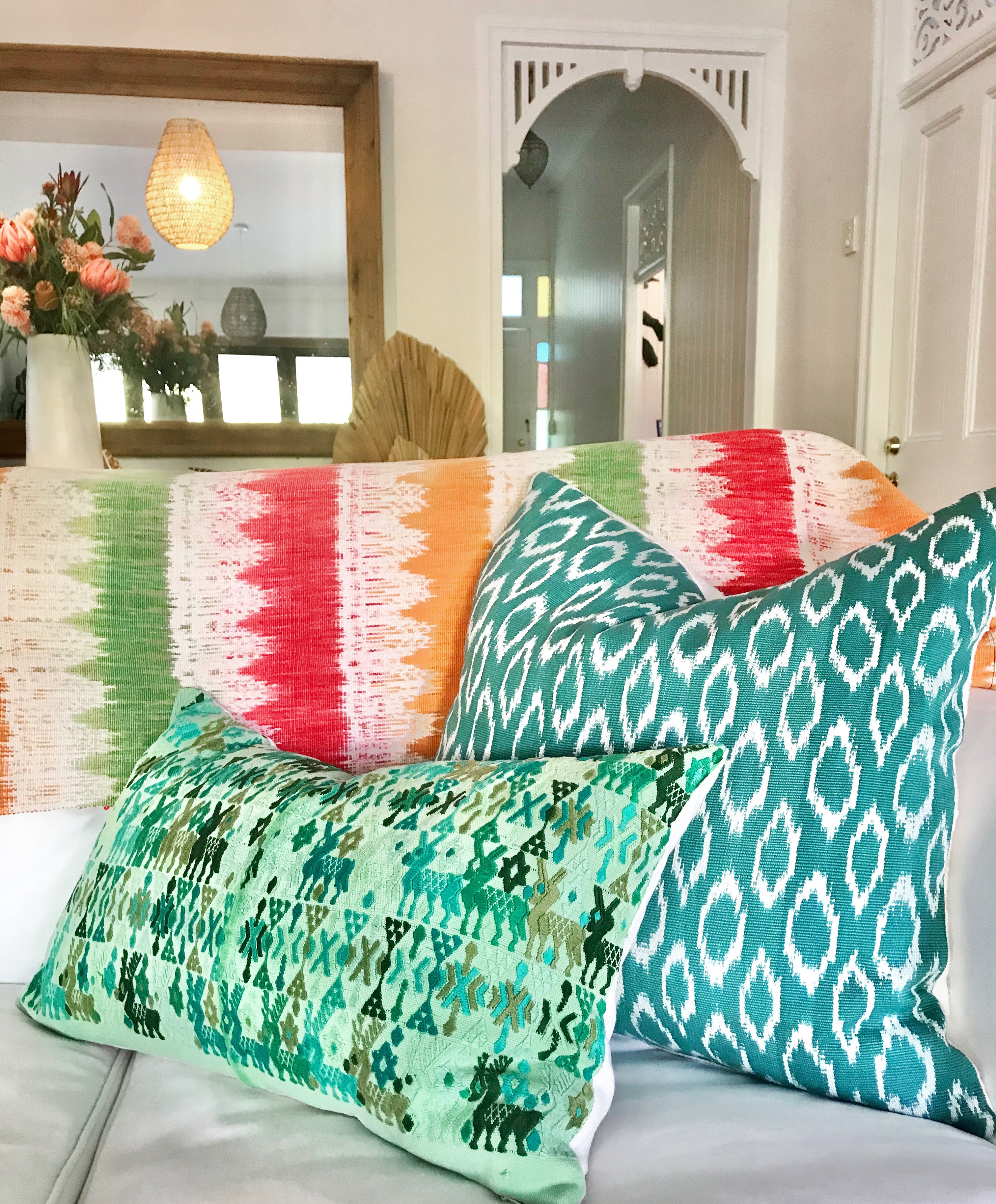 Guatemalan Huipil Textile Pillows, vintage, hand embroidered bohemian cushions