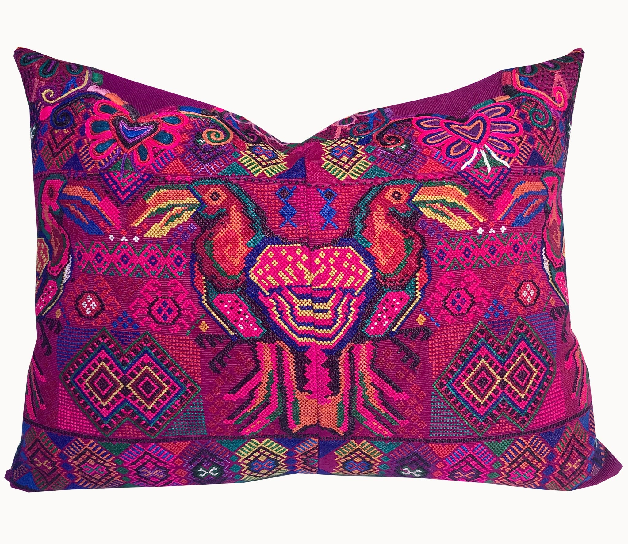 Guatemalan Huipil Textile Pillow, vintage, hand embroidered colourful toucan birds on bright pink fuchsia geometric design